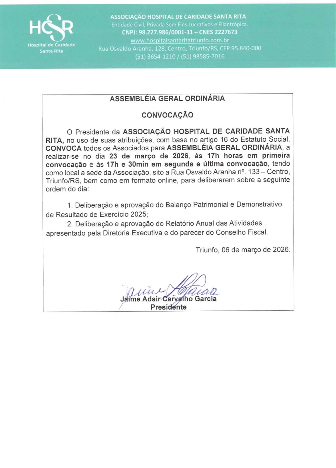 Convocação 23/03 - Assembléia Geral Ordinária
